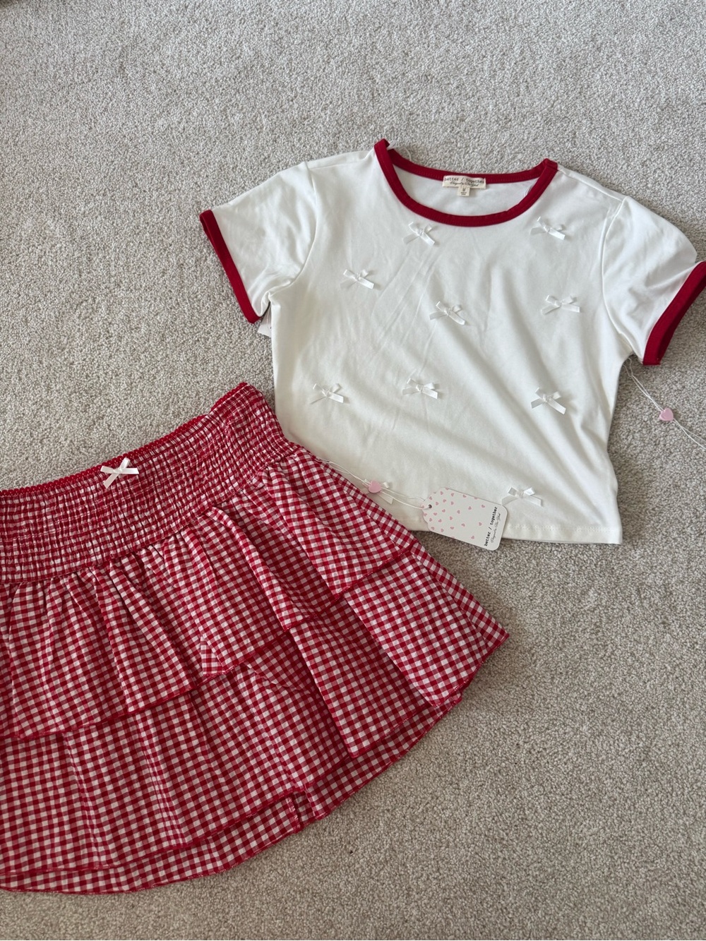 White Bow Ringer Tee & Red Gingham Tiered Skirt SET New with tag size Medium